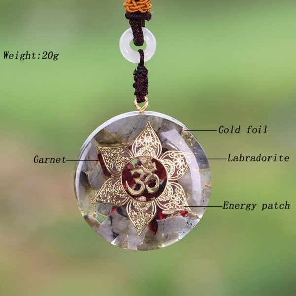 Labradorite Garnet Om Symbol Orgonite Pendant Necklace Contents Diagram