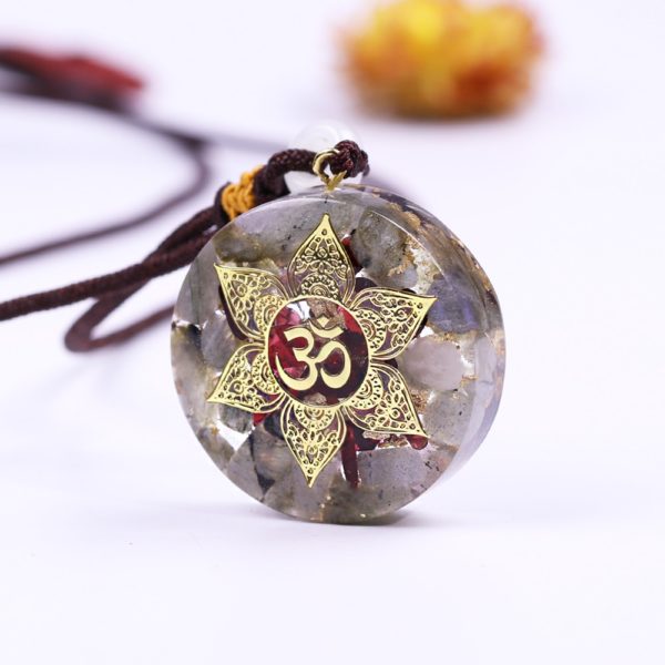 Labradorite Garnet Om Symbol Orgonite Pendant Necklace Side View