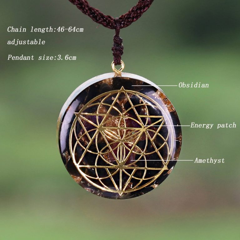 Sacred Geometry Obsidian Amethyst Orgone Pendant Necklace