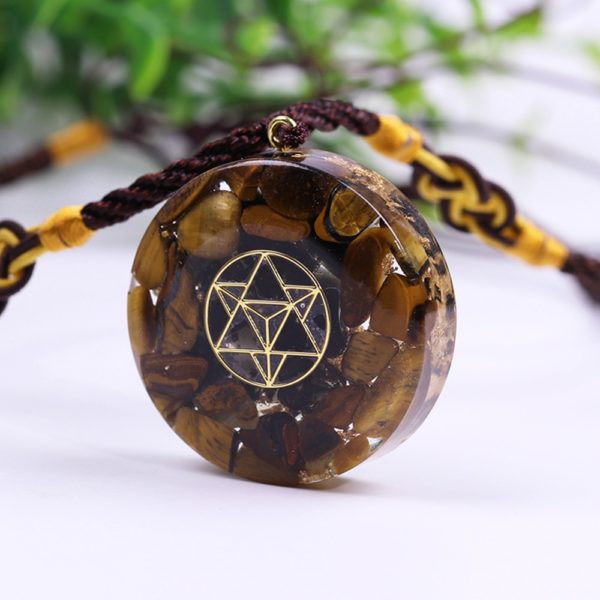 Tiger Eye Sacred Geometry Crystal Orgonite Pendant Necklace Angle View 1