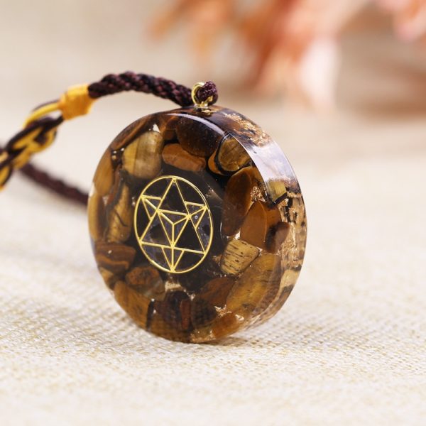 Tiger Eye Sacred Geometry Crystal Orgonite Pendant Necklace Angle View 2