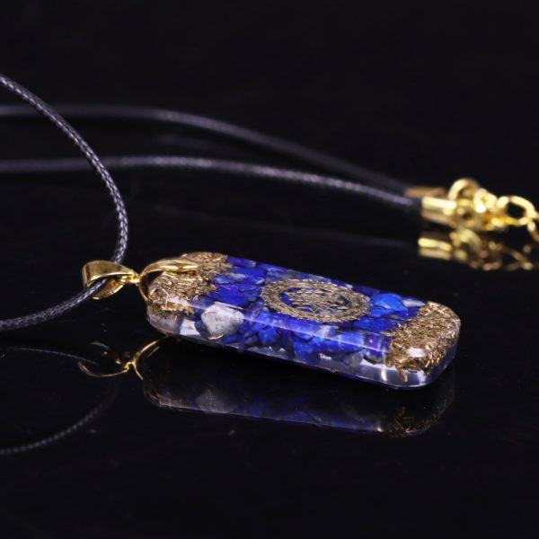 Lapis Lazuli Sri Yantra Orgonite Rectangular Pendant Necklace Angle View