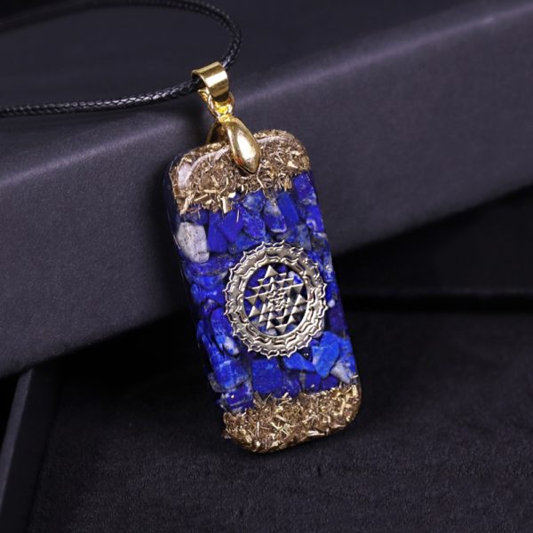 Lapis Lazuli Sri Yantra Orgonite Rectangular Pendant Necklace Side View 2