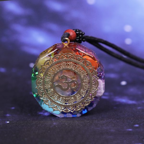 Om Symbol Chakra Healing Energy Orgonite Pendant Necklace Front View Close Up