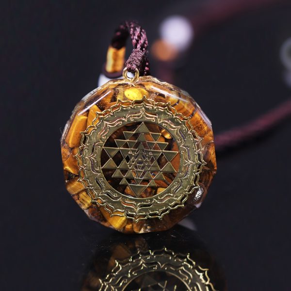 Sri Yantra Tiger's Eye Orgonite Pendant Necklace Frontal View Close Up 2