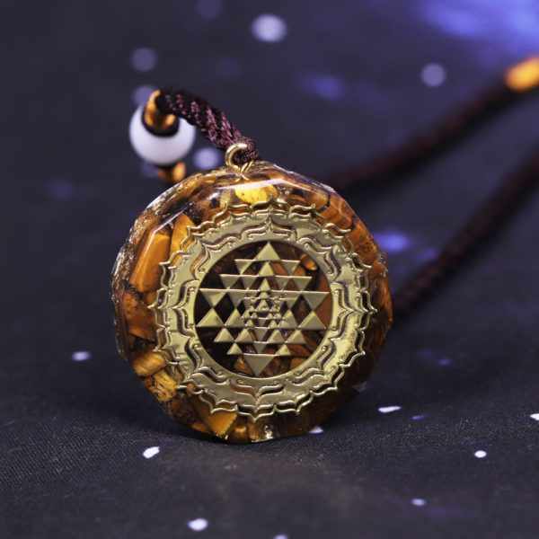 Sri Yantra Tiger's Eye Orgonite Pendant Necklace Frontal View Close Up