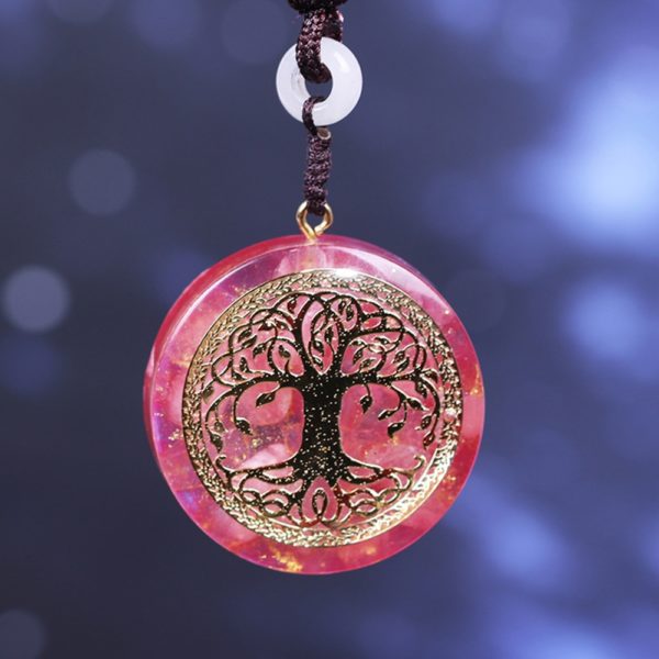 Tree Of Life Pink Crystal Healing Orgonite Pendant Necklace Front View 3