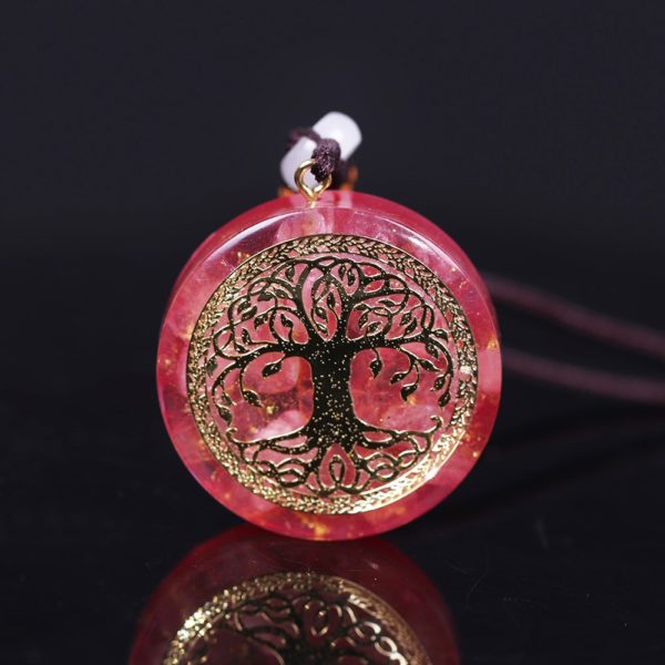 Tree Of Life Pink Crystal Healing Orgonite Pendant Necklace Front View