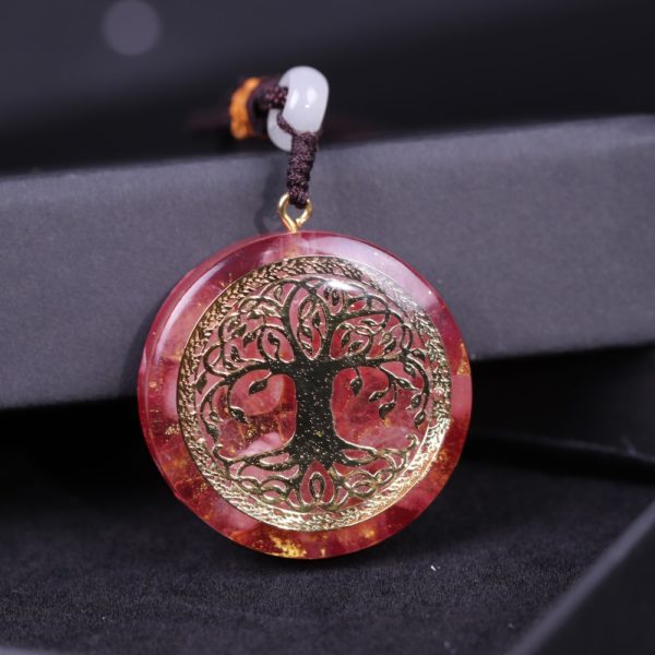 Tree Of Life Pink Crystal Healing Orgonite Pendant Necklace Front View Close Up