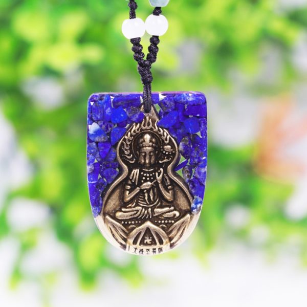 Copper Buddha Lapis Lazuli Energy Balancing Orgone Pendant Necklace Hanging Front View