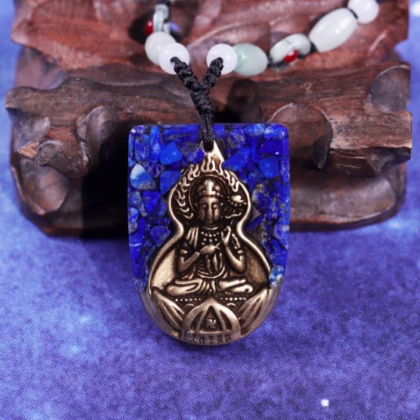 Copper Buddha Lapis Lazuli Energy Balancing Orgone Pendant Necklace Top View Close Up