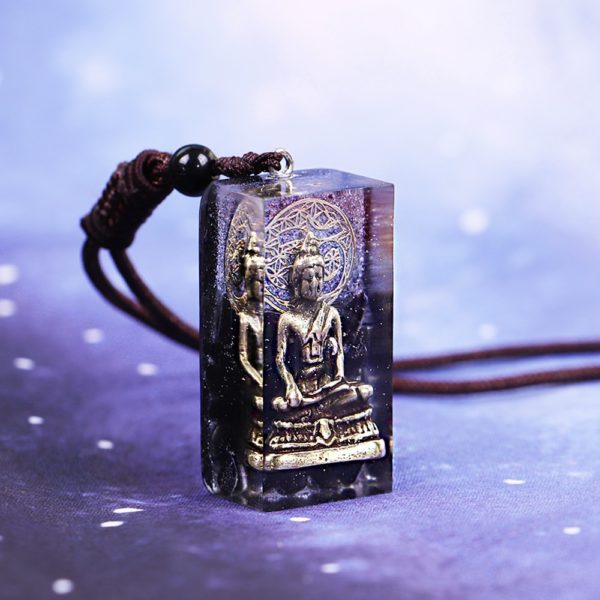 Copper Buddha Obsidian Orgone Amulet Pendant Necklace Angle View