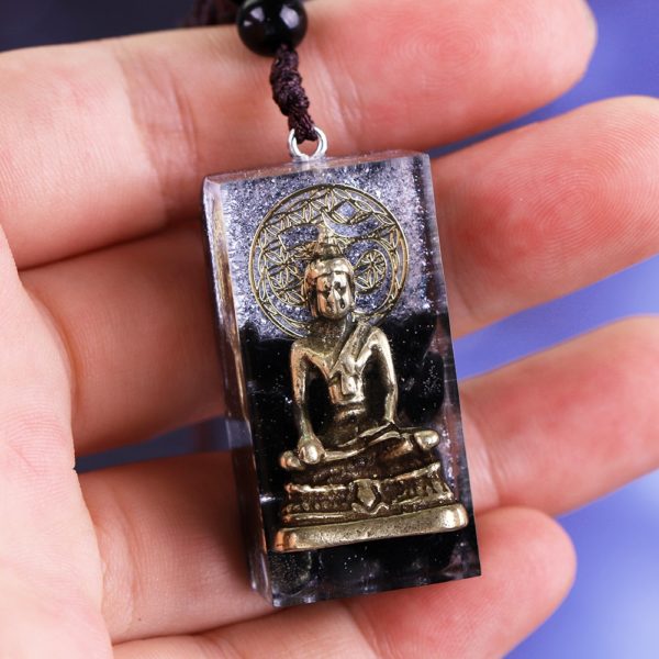 Copper Buddha Obsidian Orgone Amulet Pendant Necklace Close Up