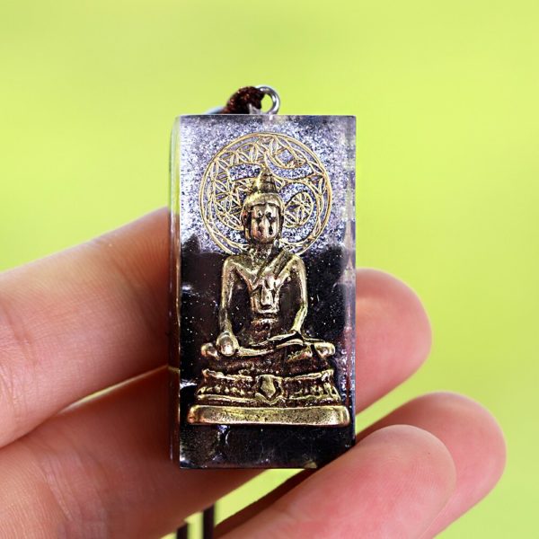 Copper Buddha Obsidian Orgone Amulet Pendant Necklace Frontal Close Up