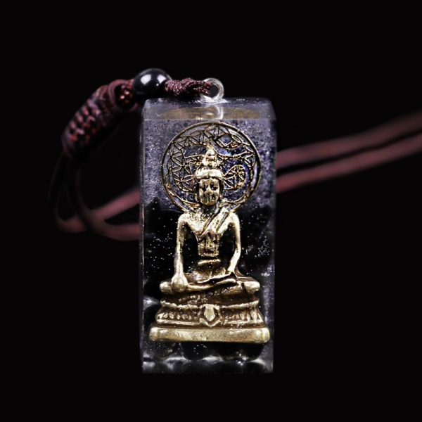 Copper Buddha Obsidian Orgone Amulet Pendant Necklace Frontal View Close Up