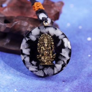 Copper Ganesh Obsidian Crystal Luminous Stone Orgone Pendant Front View