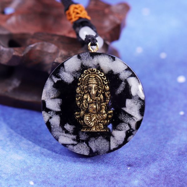 Copper Ganesh Obsidian Crystal Luminous Stone Orgone Pendant Front View