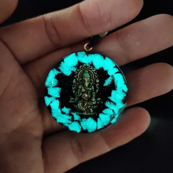 Copper Ganesh Obsidian Crystal Luminous Stone Orgone Pendant Necklace Illuminated
