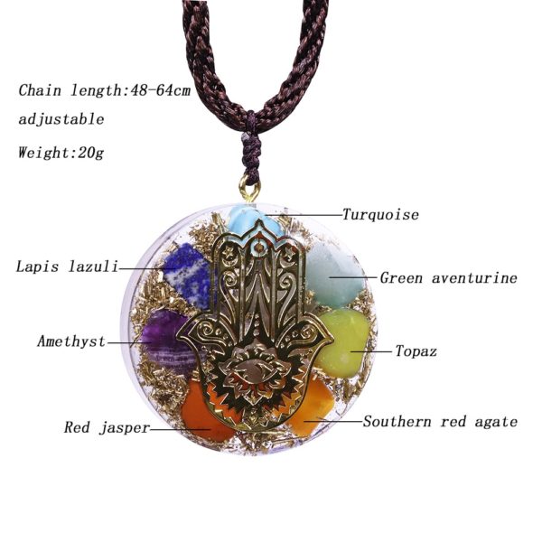 Hand Of Fatima 7 Chakra Energy Orgone Pendant Necklace Contents Diagram