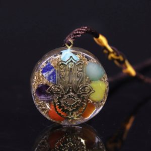 Hand Of Fatima 7 Chakra Energy Orgone Pendant Necklace Top View Black Background