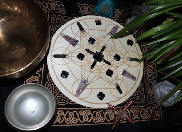 metatrons cube crystal grid wooden on display table