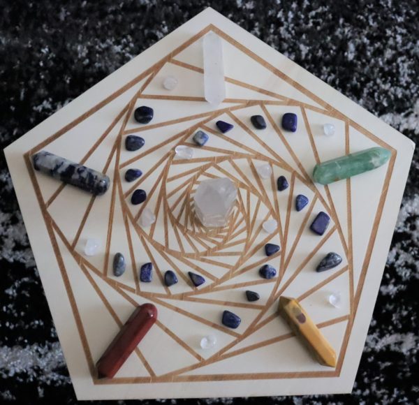 pentagon wood crystal grid with crystals displayed