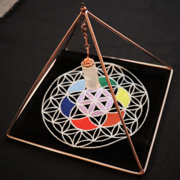 Copper Pyramid With Quartz Crystal And Flower Of Life Mat angle view