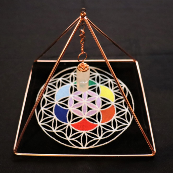 Copper Pyramid With Quartz Crystal And Flower Of Life Mat front view main